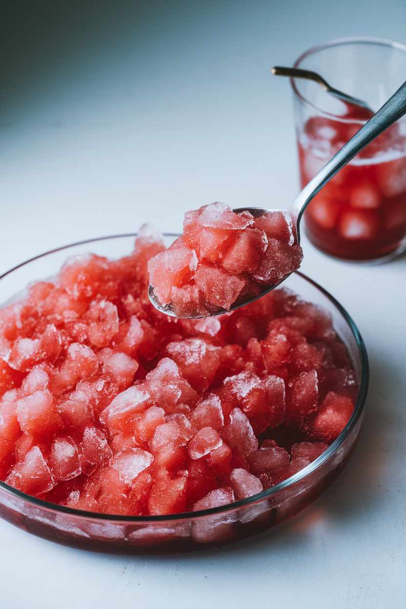 Indoor photo of a shallow dish of bright red watermelon granita scraped into icy flakes, spoon scooping; simple background; no text or logos. Photo, not illustration.