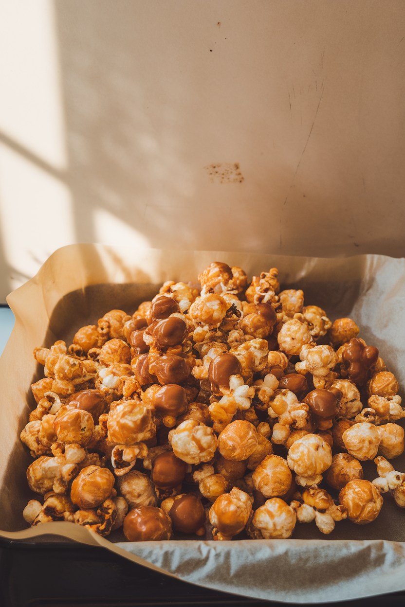 Indoor photo showing a parchment-lined tray piled with glossy caramel-coated popcorn clusters, light catching the caramel sheen. No text or logos visible.