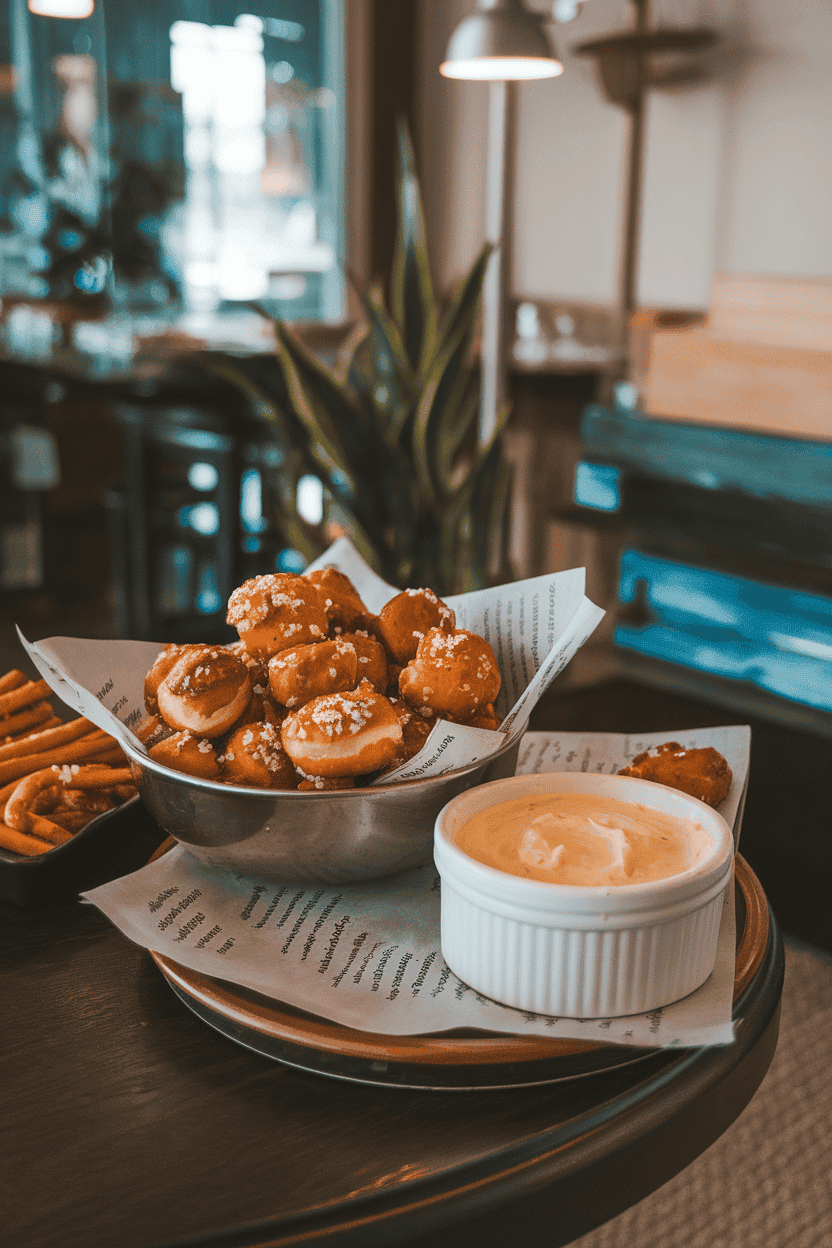 An indoor pub table showing a bowl of small pretzel nuggets sprinkled with coarse salt, accompanied by a ramekin of creamy beer cheese dip. Photo, not illustration. No text or logos.