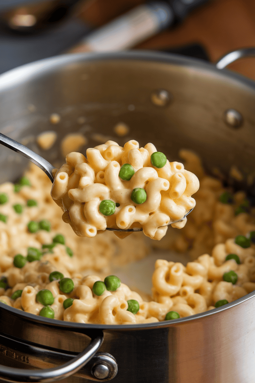 Close-up indoor photo of a spoon scooping creamy mac and cheese dotted with green peas from a pot, no text or logos