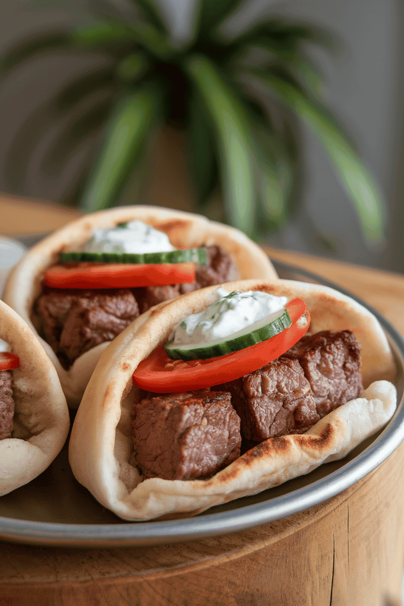 Indoor platter with grilled beef souvlaki cubes tucked inside warm pita, tomato, cucumber, and dollop of tzatziki visible. Photo only, no text or logos.