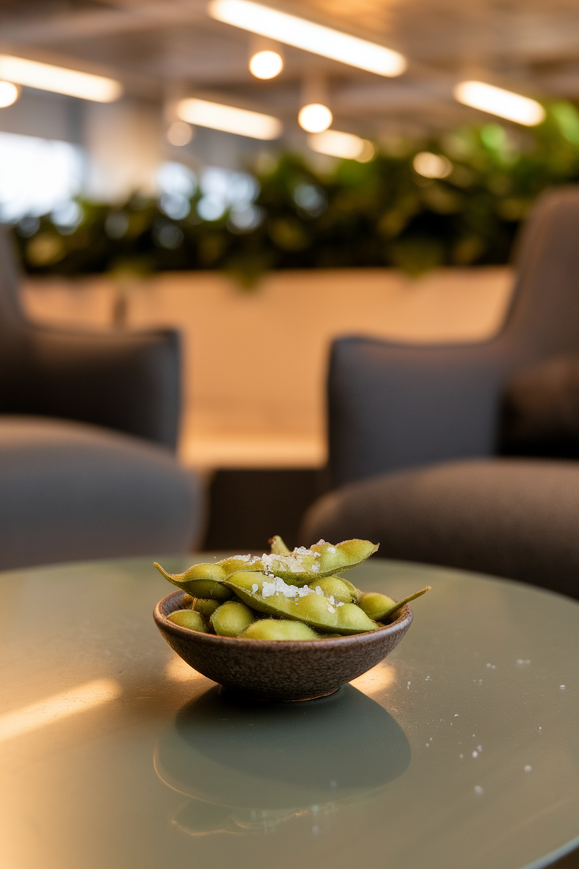 Photo — an indoor office lounge coffee table with a small bowl of steamed edamame pods sprinkled lightly with sea salt. Warm ambient lighting; no text or logos.
