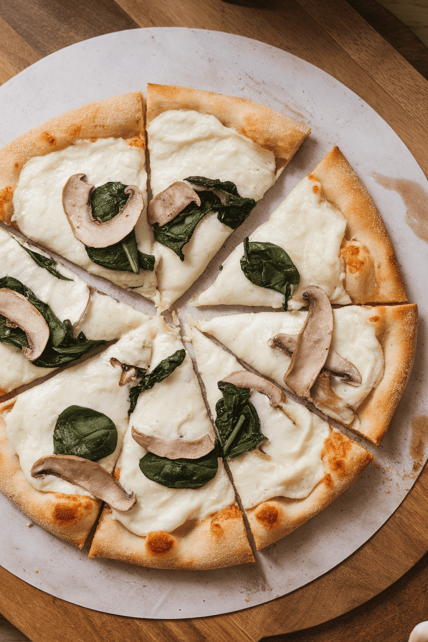 Indoor pizza stone displaying a white-sauce pizza topped with mozzarella, spinach, and thin mushroom slices, crust golden. No text or logos.