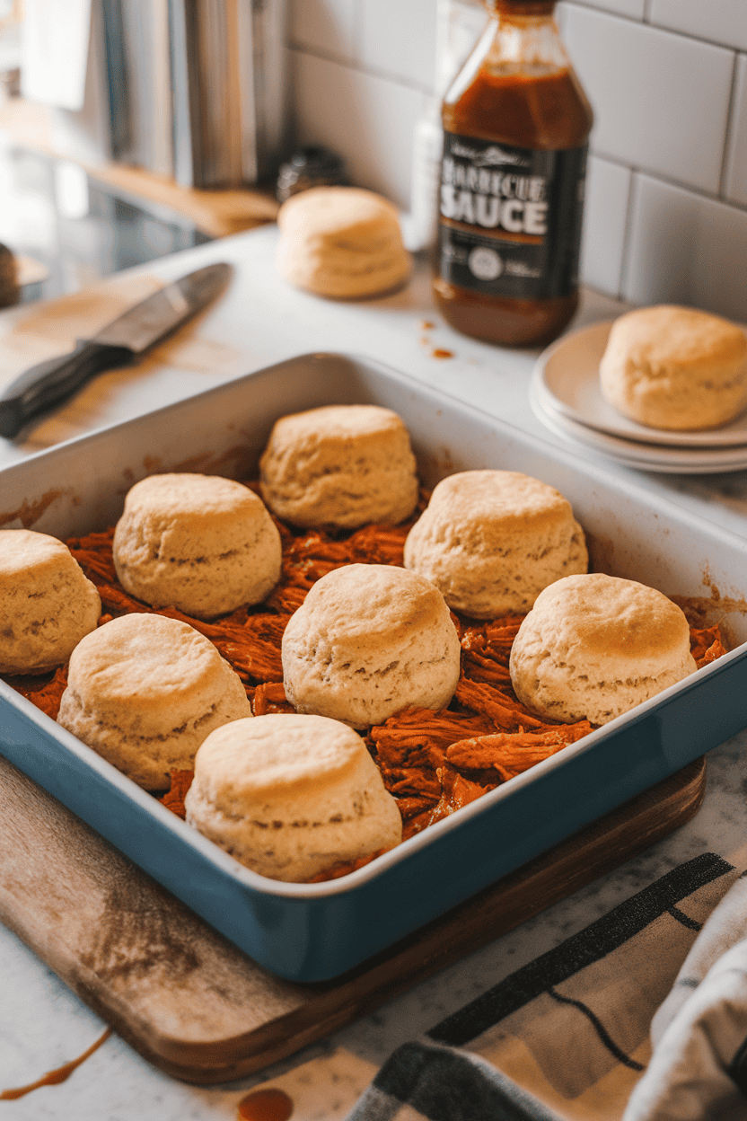 Photo of an indoor counter featuring a baking dish with pull-apart biscuit rounds topping saucy shredded barbecue chicken. Warm, cozy lighting; no text or logos visible.