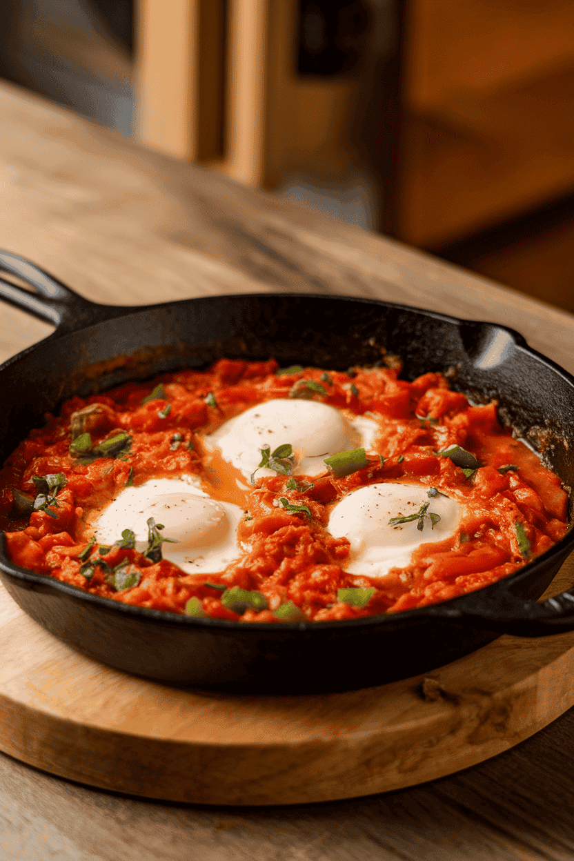 An indoor cast-iron skillet showcasing poached eggs nestled in tomato-pepper sauce, sprinkled with herbs; no text or logos, warm kitchen ambiance. Photo, not illustration.