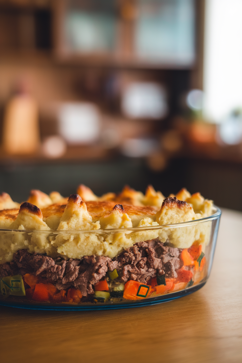 Indoor shot of a casserole dish revealing a layer of browned mashed potatoes atop beef and mixed vegetables, lightly browned peaks. No text or logos. Photo, not illustration.