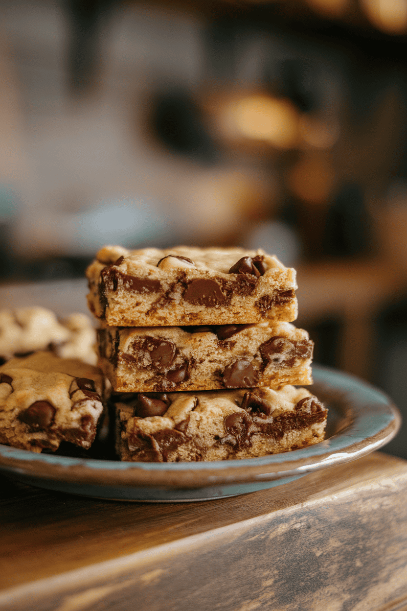 Indoor photo of thick chocolate chip cookie bars stacked on a ceramic plate, melty chips visible, soft ambient kitchen light; no text or logos