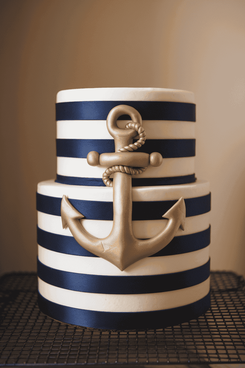 Indoor photo of a tall cake iced in crisp navy and white horizontal stripes, fronted by a gold fondant anchor; studio lighting; no text or logos.