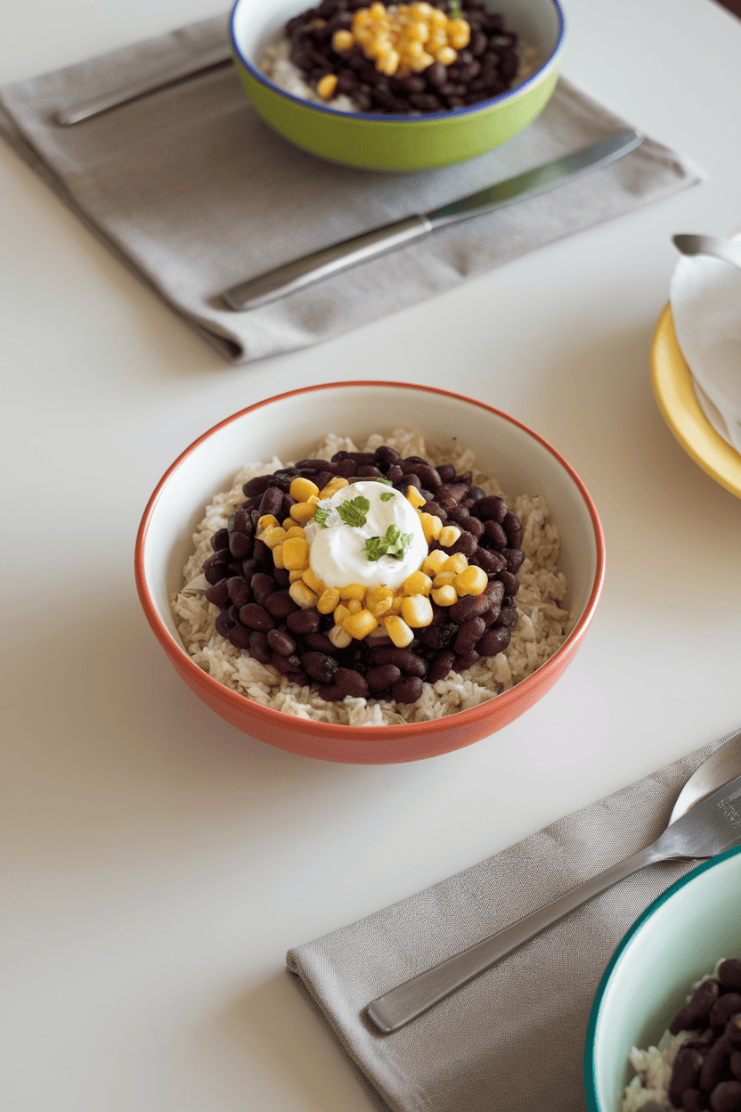 An indoor dining table featuring a colorful bowl of black beans over fluffy rice, topped with corn kernels and a dollop of lime crema. No text or logos on bowls or linens; photo only.