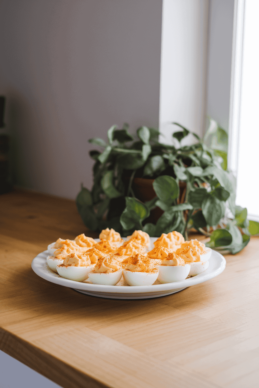 An indoor kitchen counter with a white platter of halved deviled eggs topped with a light dusting of paprika; soft natural light from a nearby window, no text or logos visible. Photo, not illustration.