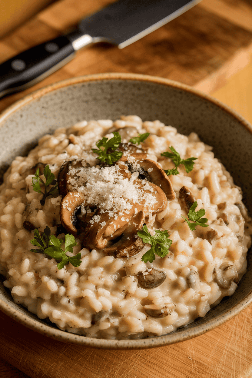 Photo indoors of creamy mushroom risotto spooned into a shallow bowl, parsley garnish on top; no text or logos.