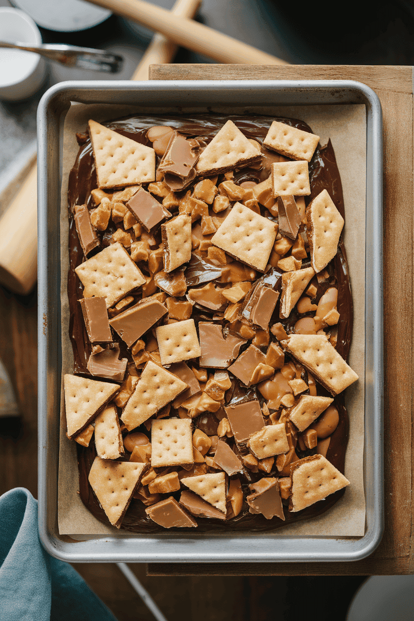 An indoor baking sheet covered in uneven pieces of graham cracker toffee bark drizzled with dark chocolate. Overhead lighting; no text or logos; photo, not illustration.