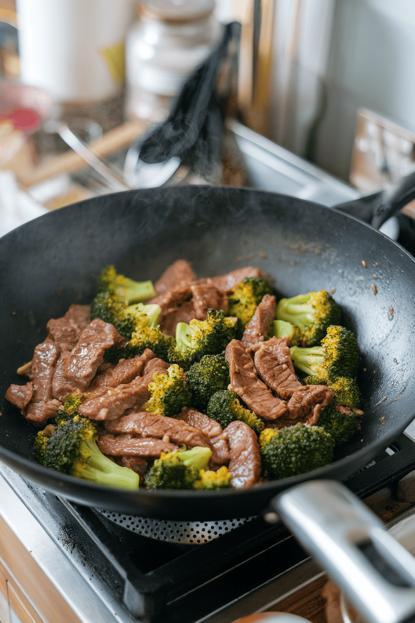 Indoor wok scene with sizzling strips of beef and bright green broccoli florets coated in glossy stir-fry sauce; steam visible, no text or logos, photographic image.