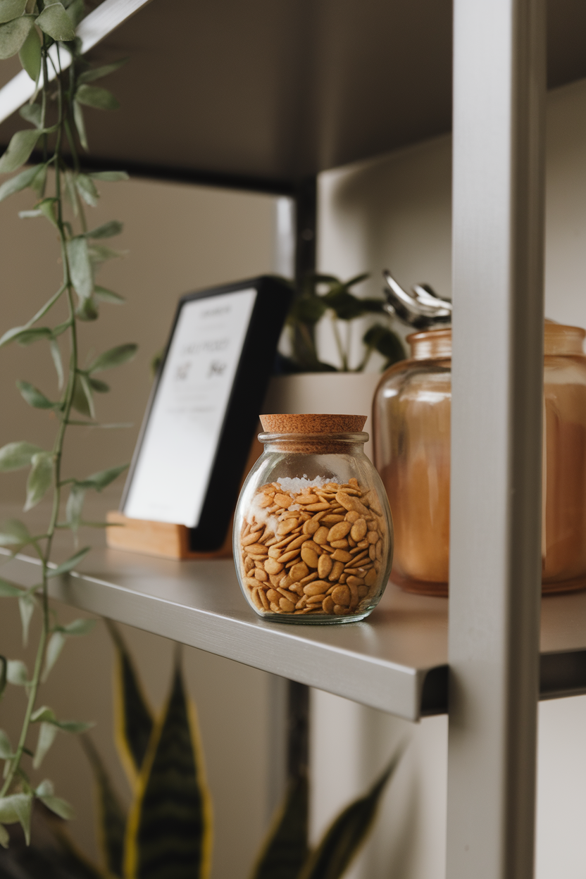 Photo — an indoor office shelf displaying a small glass jar of roasted pumpkin seeds with a pinch of sea salt. Neutral lighting; no text or logos.