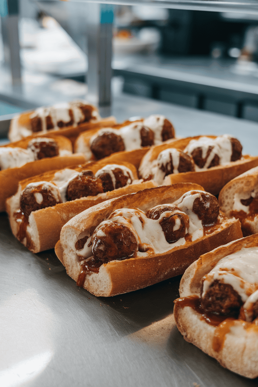An indoor counter with toasted sub rolls packed with saucy barbecue meatballs and melted mozzarella strings pulling away. No logos or text in scene.