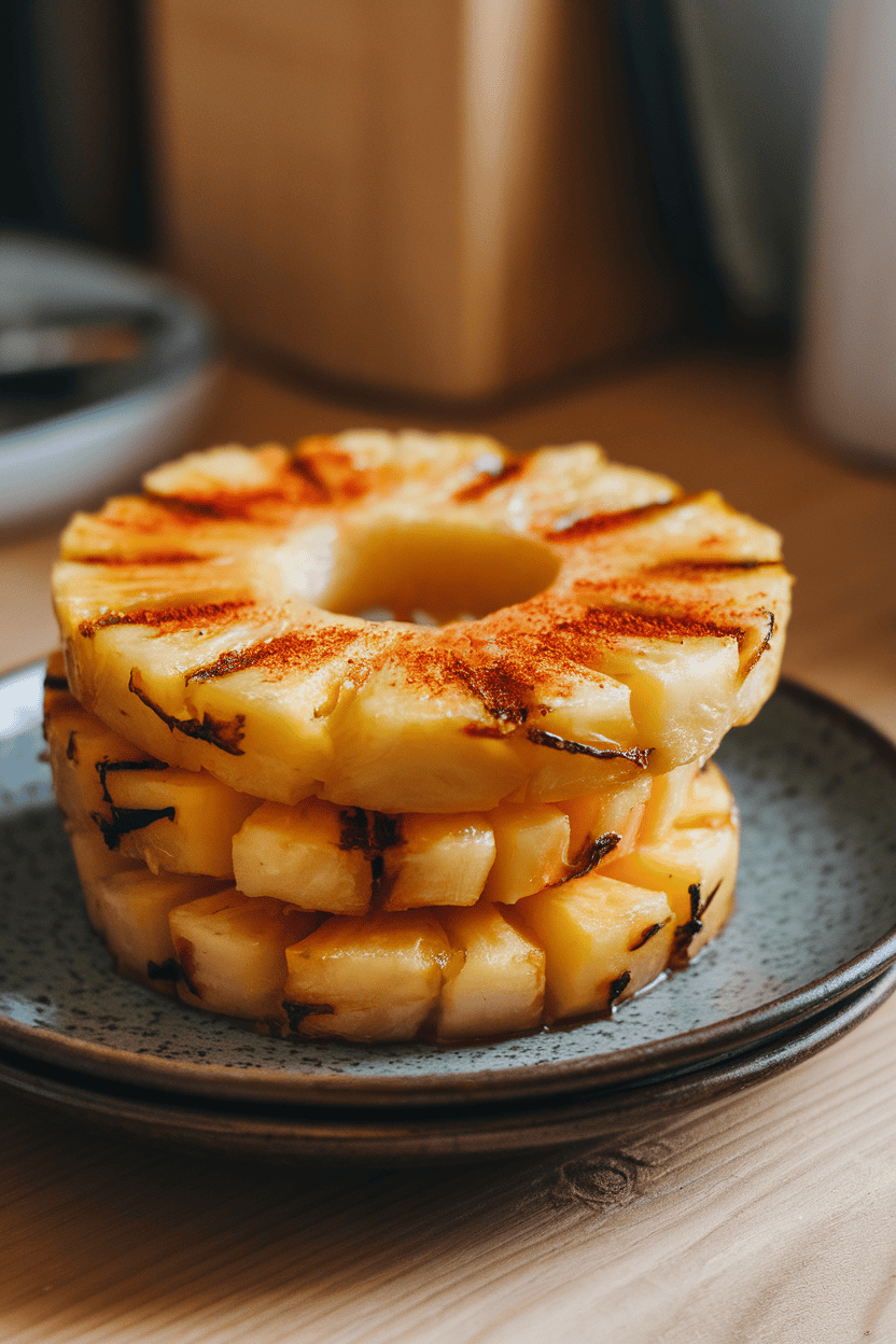 Indoor photo of caramelized pineapple rings stacked on a plate, grill marks visible, a sprinkle of chili powder on top. Warm indoor lighting; no text or logos.