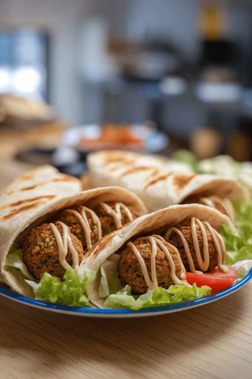 Indoor photo of pita wraps stuffed with crispy falafel balls, lettuce, tomato, and tahini drizzle; no text or logos.