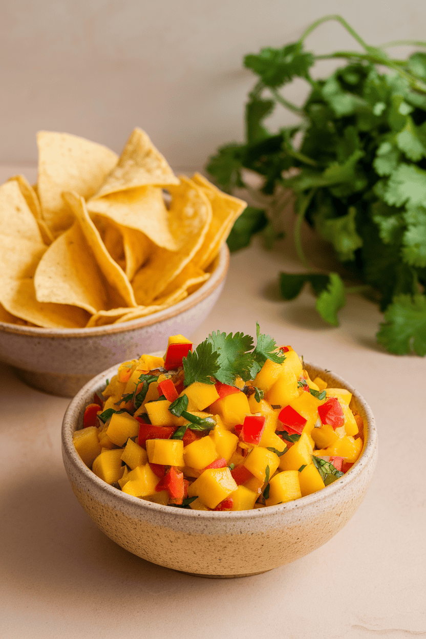 Photo prompt: Indoor bowl of colorful mango salsa—diced mango, red pepper, cilantro—next to a separate bowl of plain tortilla chips; neutral background, no text or logos.