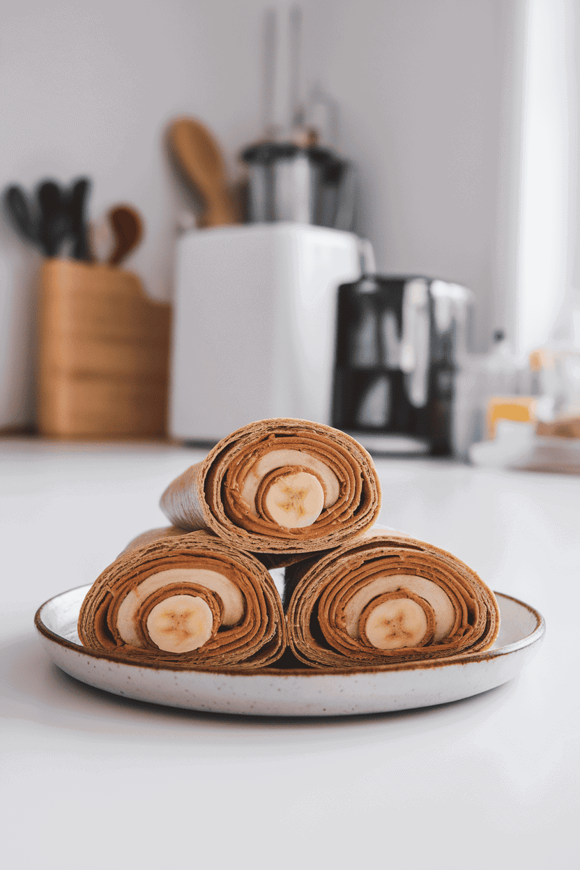 A bright indoor kitchen scene with a sliced whole-wheat tortilla wrap showing spirals of peanut butter and banana rounds, arranged on a simple white plate. No logos present.