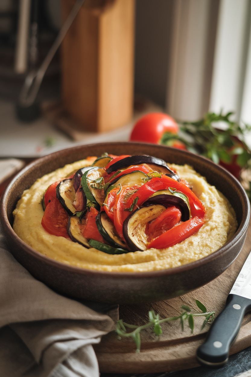 Indoor photo of a deep bowl of creamy polenta topped with colorful ratatouille—eggplant, zucchini, bell peppers, and tomato. Warm, soft lighting, no text or logos.