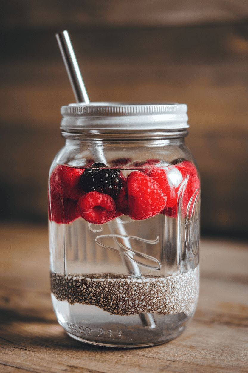 A clear indoor mason jar filled with water, floating mixed berries and swollen chia seeds visible, a reusable straw inside. No text or logos. Photo only.