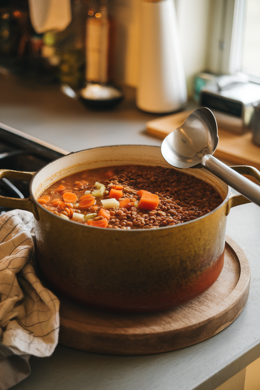 An indoor kitchen island scene showcasing a rustic pot of thick lentil soup with carrots and celery, a ladle resting on the rim. Steam curls upward, and no text or logos are visible.