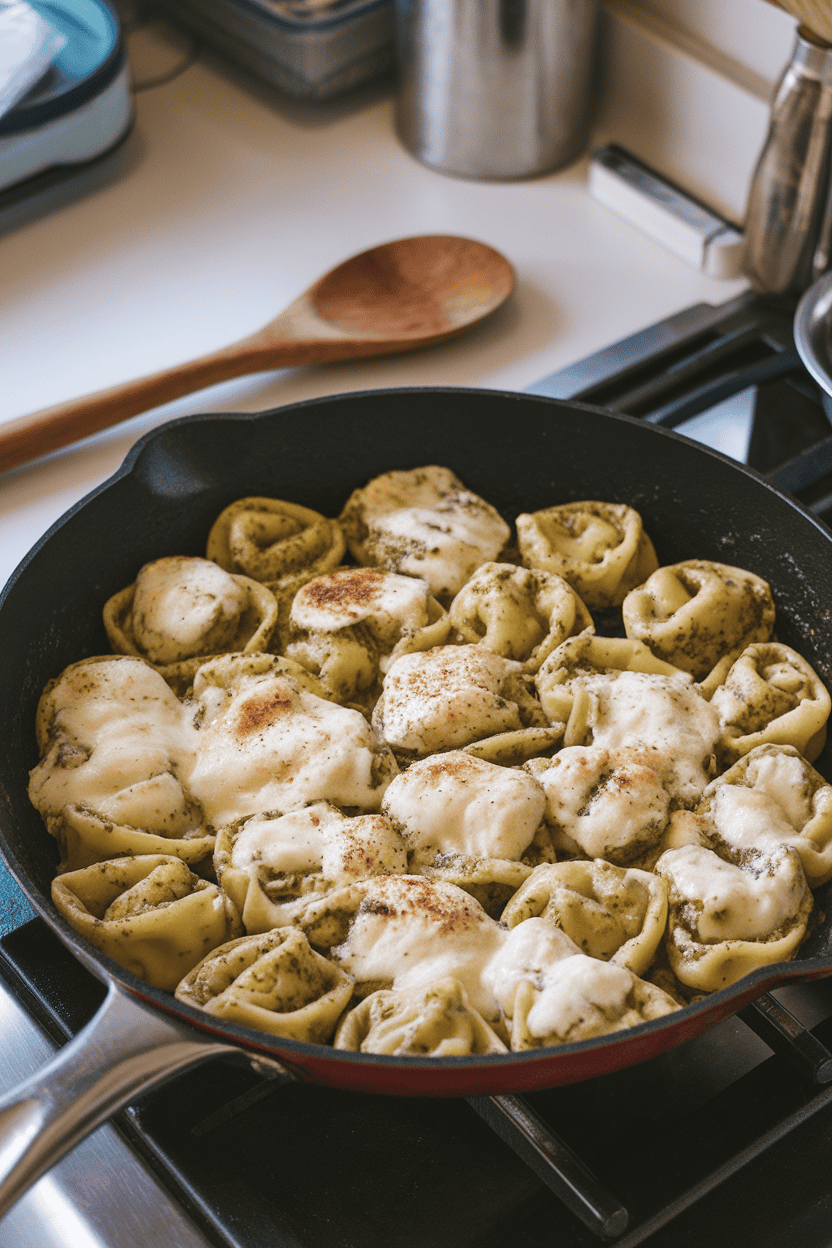 An indoor kitchen counter showing a skillet of cheese tortellini coated in pesto, sprinkled with melted mozzarella, lightly browned on top. No text or logos present.