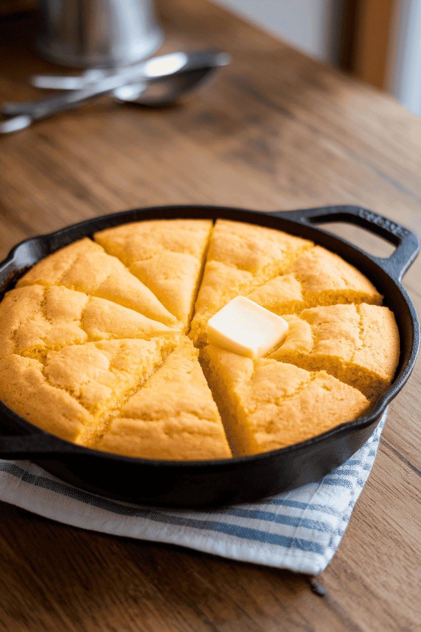 A wooden indoor table with a cast-iron skillet of golden cornbread cut into triangular wedges, a pat of butter melting on one piece. No logos or text.