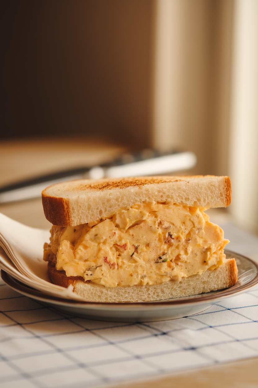 An indoor tabletop scene featuring a halved egg salad sandwich on soft white bread, filling visible with flecks of paprika, beside a small stack of napkins. Warm window light, no text or logos anywhere.