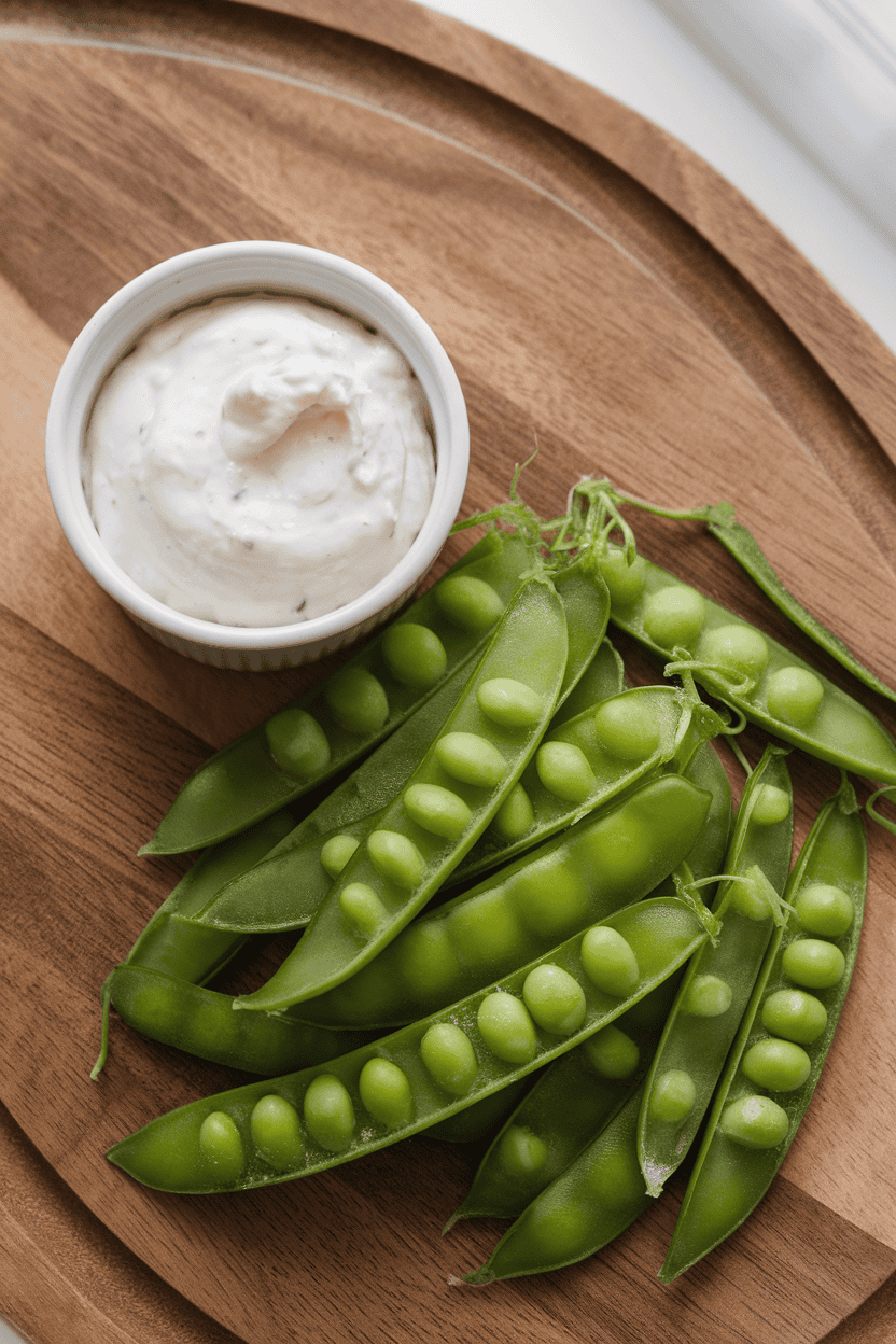 An indoor serving board showing a ramekin of creamy white miso dip flanked by bright green raw snow peas, lightly dewed. No text or logos. Photo only.