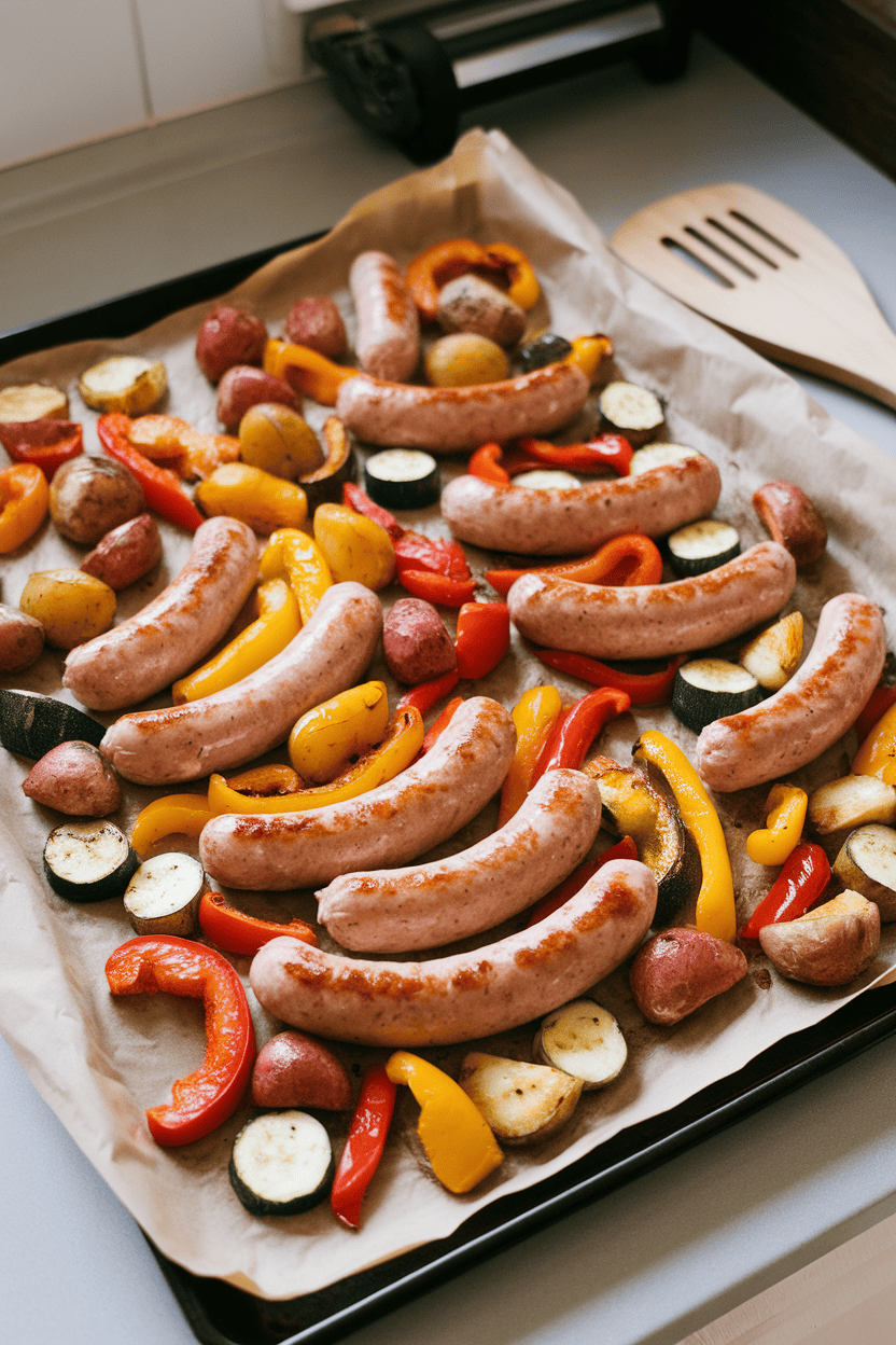 Photo of a parchment-lined sheet pan laden with roasted chicken sausages, colorful bell peppers, zucchini, and potato chunks on an indoor kitchen counter; no text or logos.