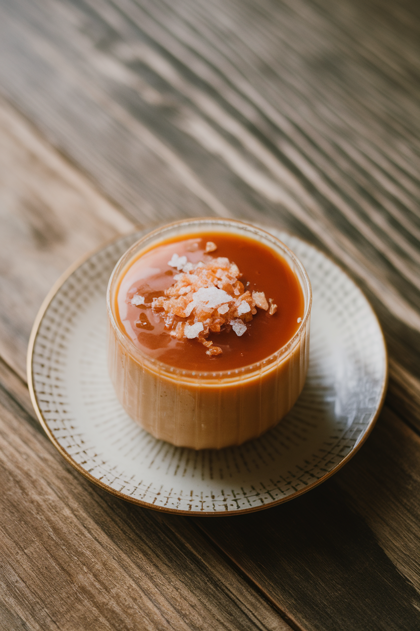 A small pot de crème topped with flaky sea salt and a caramel sheen, sitting on an indoor saucer. Photo, no text or logos.