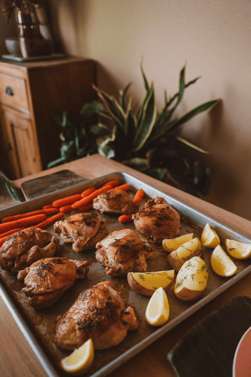 Indoor kitchen table at dusk featuring a metal sheet pan filled with cooked chicken thighs, roasted baby carrots, and potato wedges glistening with lemon-herb butter; photographed from a slight overhead angle. Warm tones, no text or logos visible, clearly a photo not an illustration.