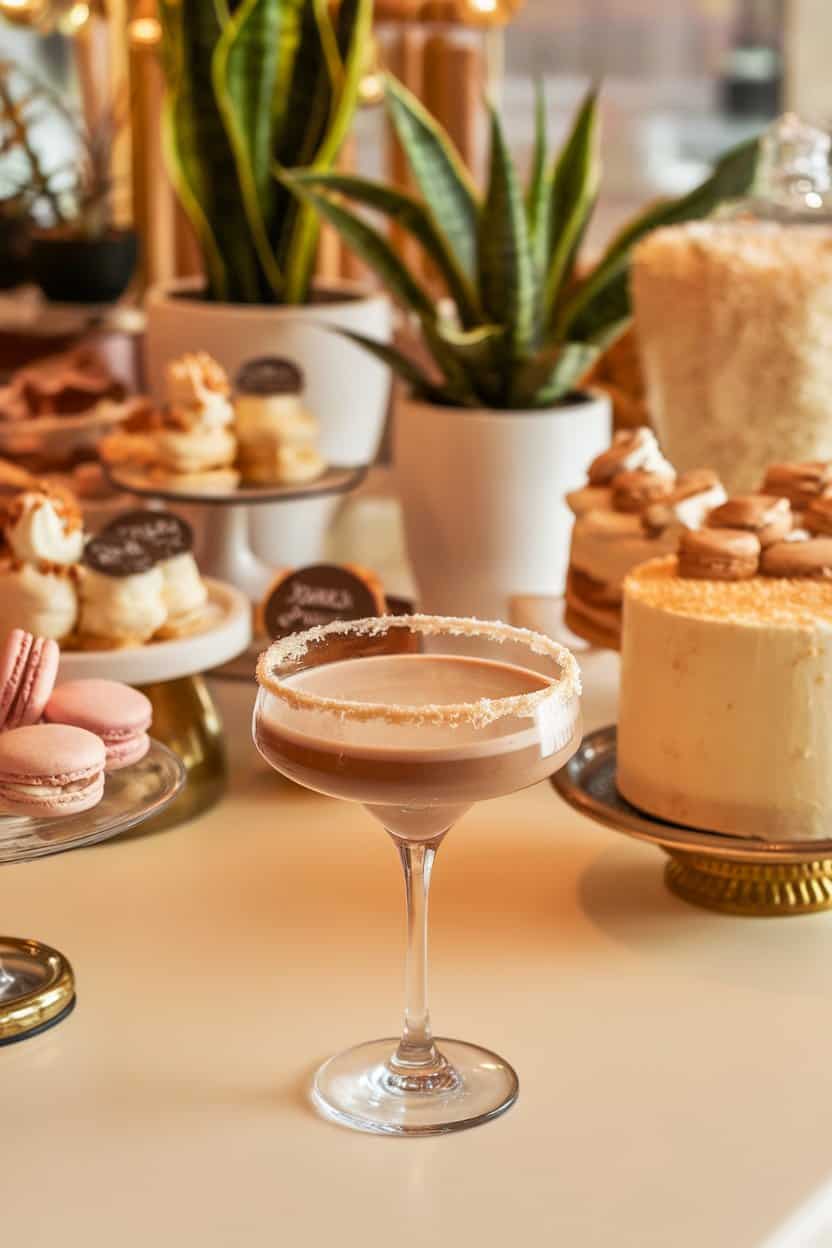 Indoor dessert bar scene with a martini glass of mocha-colored cocktail, toasted coconut rim, no logos or text.