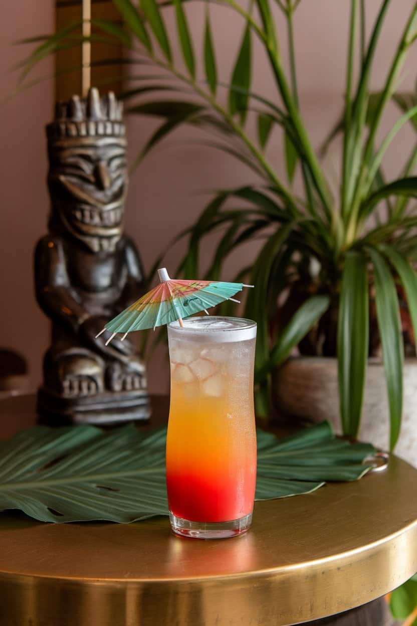 Indoor tiki-themed table with a gradient orange-to-red Bahama Mama in a highball glass, small paper umbrella, no visible text.