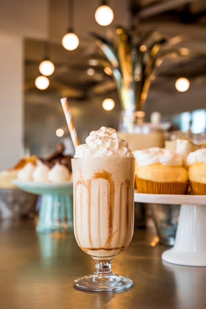 Indoor dessert bar with a milkshake glass of creamy banana rum shake topped with whipped cream and nutmeg sprinkle, no logos.