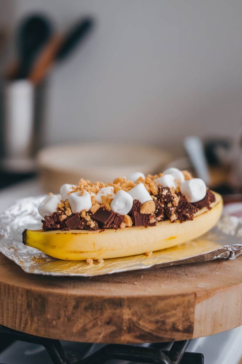  A split banana filled with chocolate cake pieces, melted marshmallows, and crushed graham crackers, resting on foil atop an indoor wooden board. No visible text or logos. Photo, not illustration.