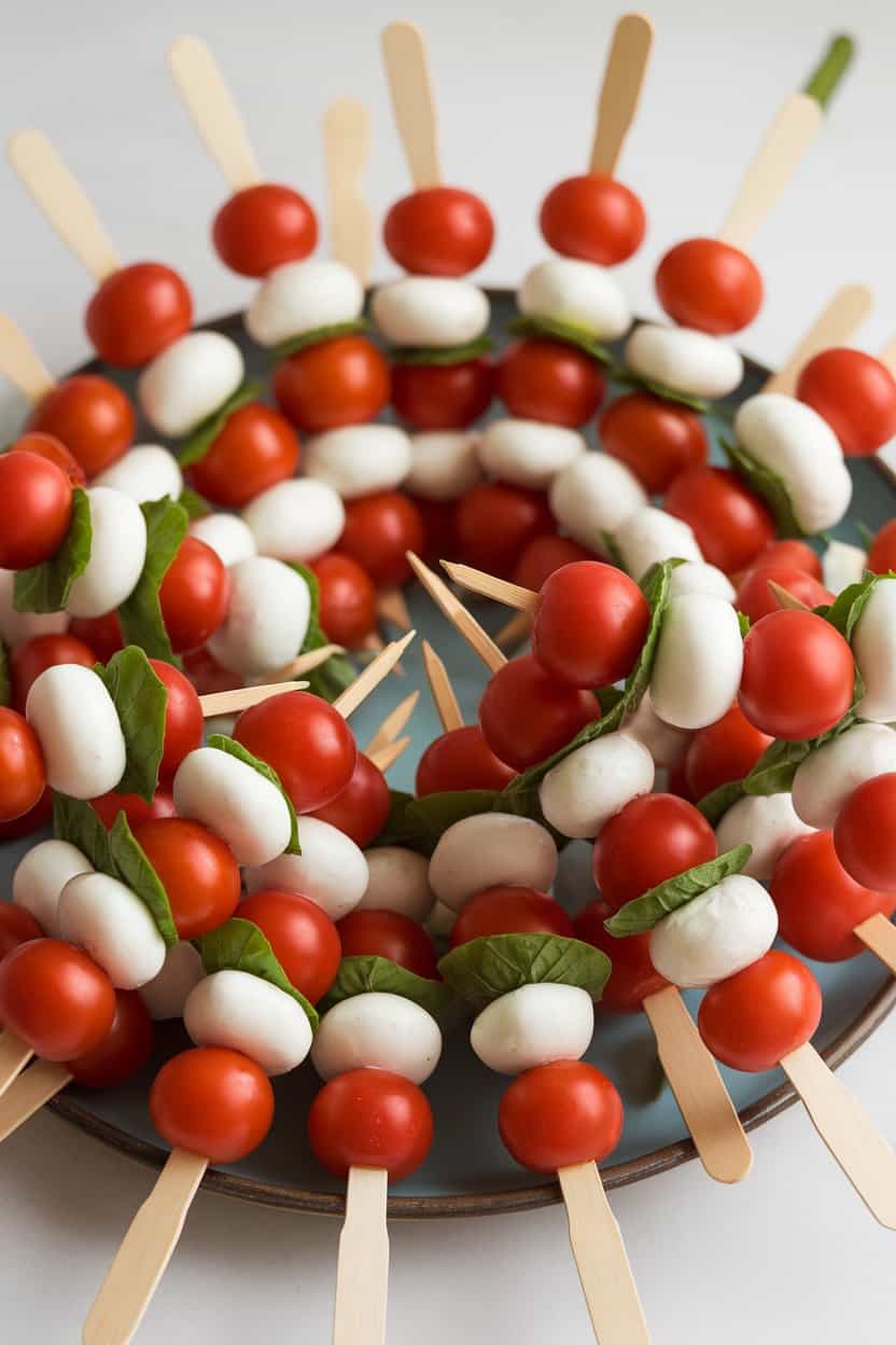 Indoor platter of toothpick skewers alternating cherry tomatoes, mini mozzarella, and basil leaves arranged in a circle. No logos or text; ensure this is a photo.