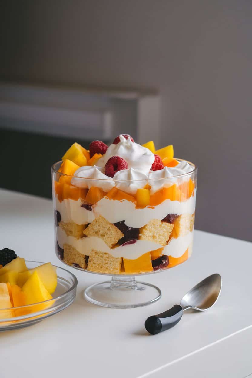 Indoor table with a clear trifle bowl layered with cake cubes, tropical pudding, fruit, and whipped cream, tiny shovel-style spoon nearby. No text or logos; photograph only.