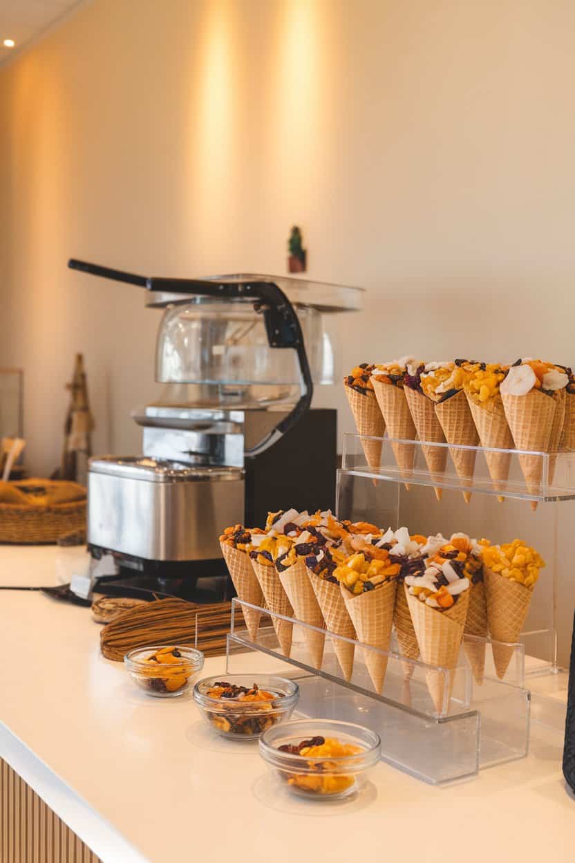  Indoor snack station with waffle cones filled with a colorful mix of dried tropical fruit, coconut flakes, and macadamia nuts. No text or logos; photograph only.
