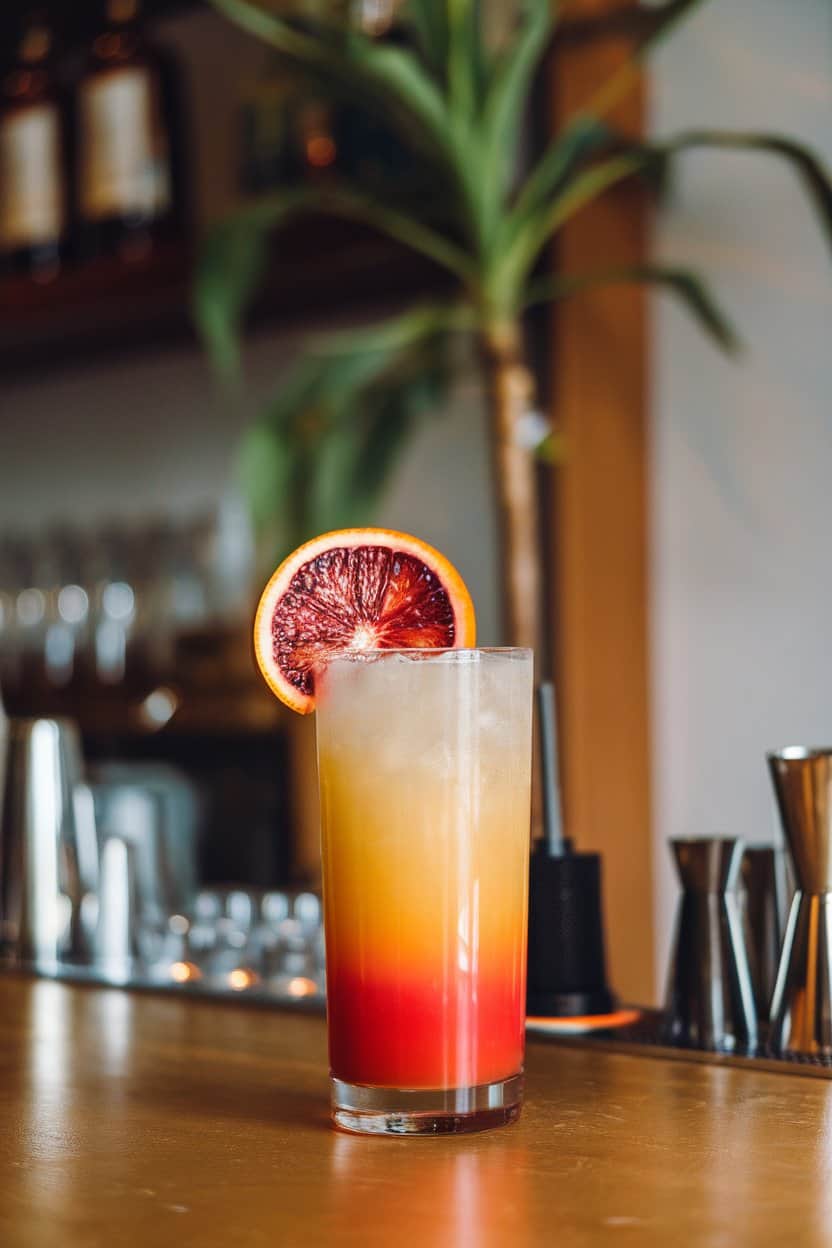 Indoor bar with a gradient red-to-orange tequila sunrise in a tall glass, blood orange wheel garnish, no branded text.