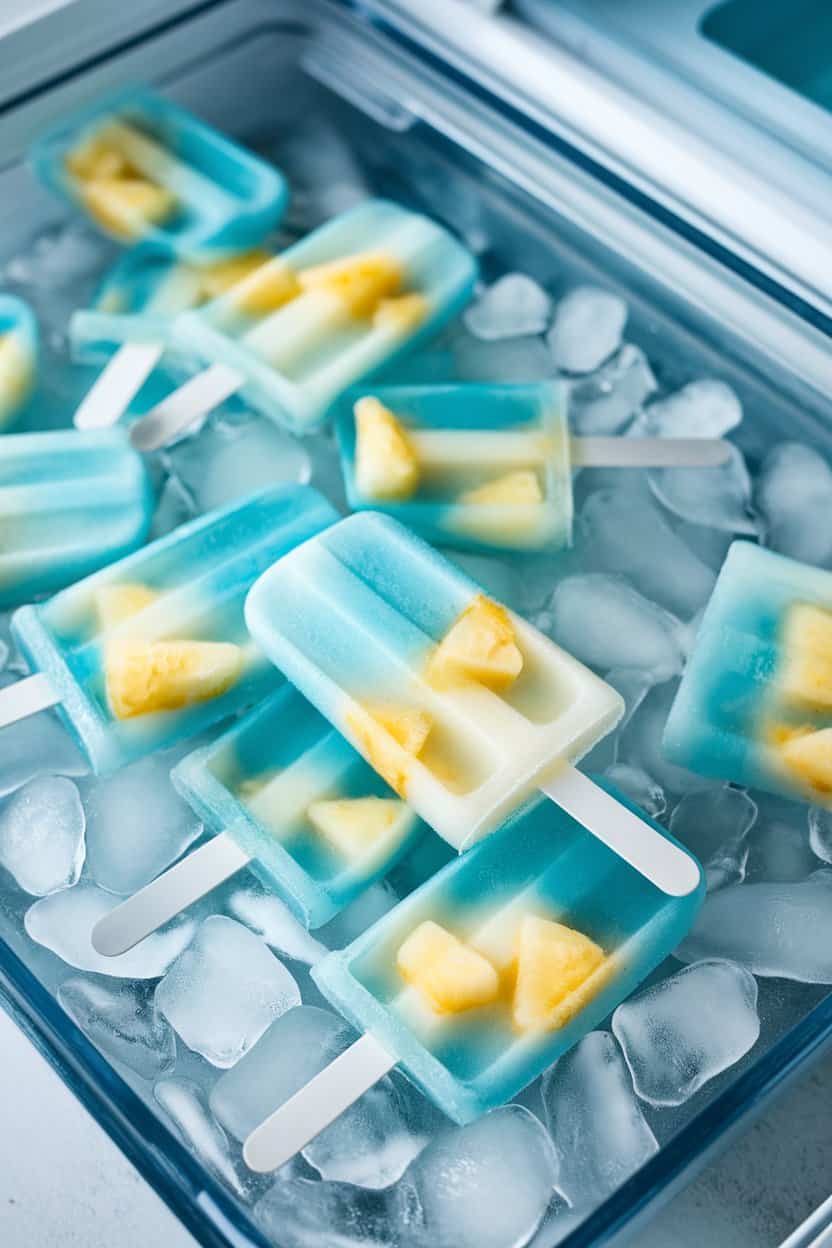 Indoor freezer-tray shot of clear popsicles tinted aqua blue with floating pineapple bits, pops resting on an ice bed. No text or logos; photograph only.