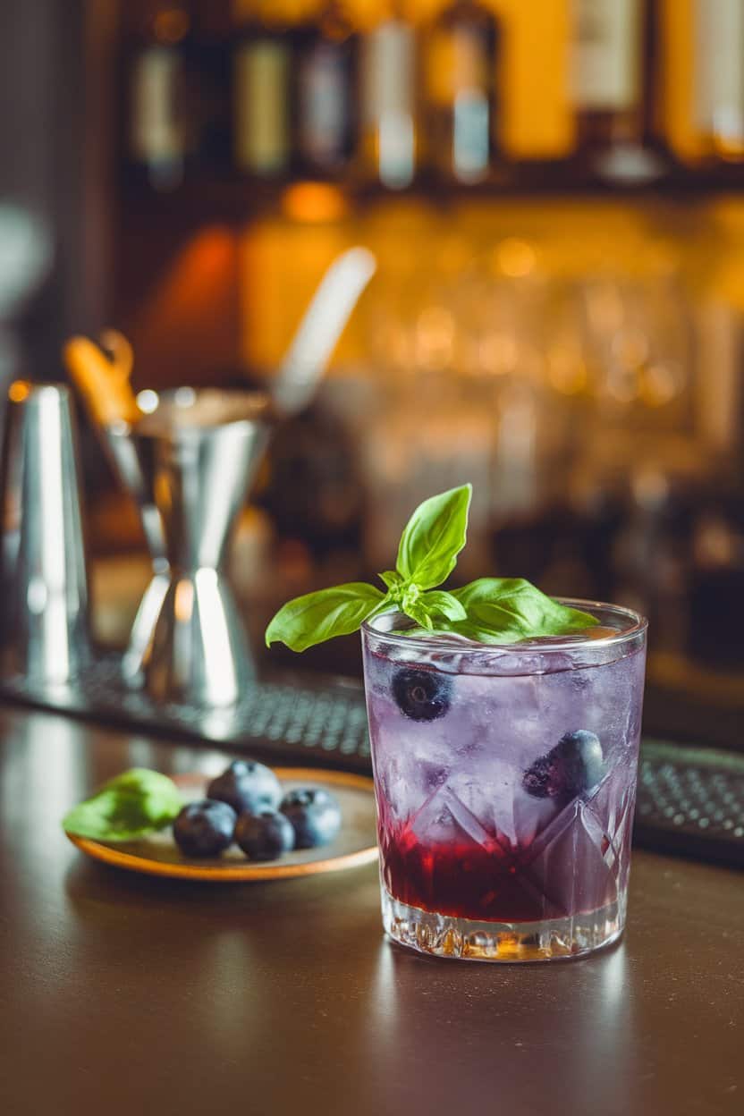 Indoor mixology scene showing a rocks glass of purple blueberry cocktail, basil leaf topper, no text or logos.