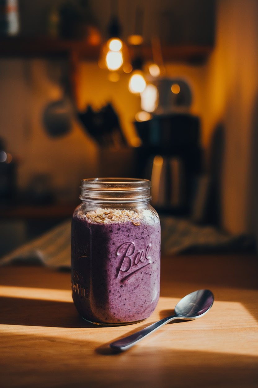  A photo inside a cozy kitchen showing a mason jar of purple blueberry smoothie with a sprinkle of oats on top, a spoon resting nearby. Warm indoor lighting; no text or logos present