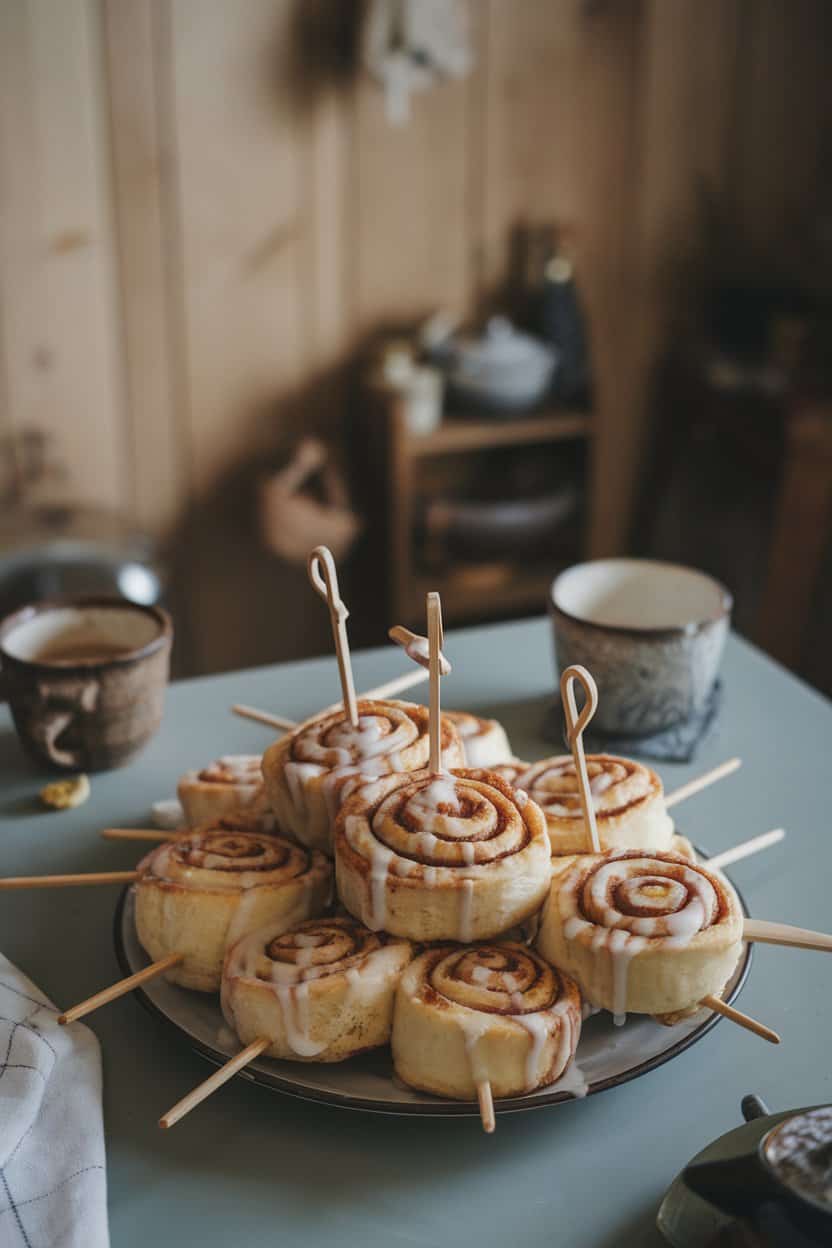 A cozy indoor setting with a plate of baked cinnamon roll spirals on wooden skewers, icing drizzle visible. No corporate branding in view