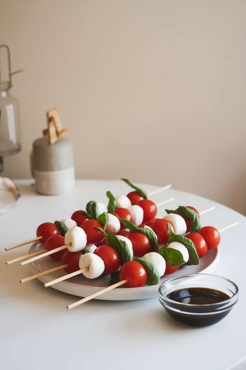 : An indoor table with bamboo skewers threaded with cherry tomatoes, fresh mozzarella balls, and basil leaves, drizzled lightly with balsamic glaze. No text or logos in view; photo only