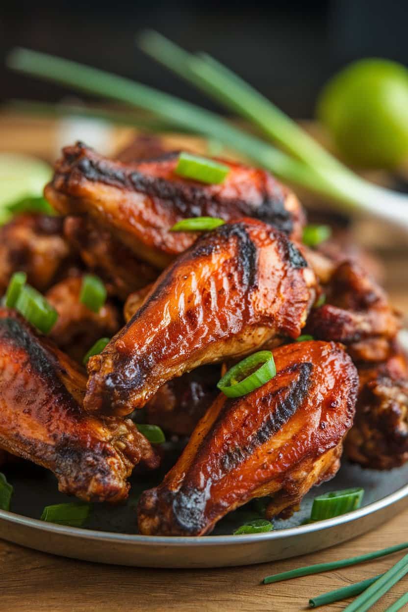  Indoor platter piled high with cooked jerk chicken wings, charred edges glistening under soft light. No visible text or branding; photograph.