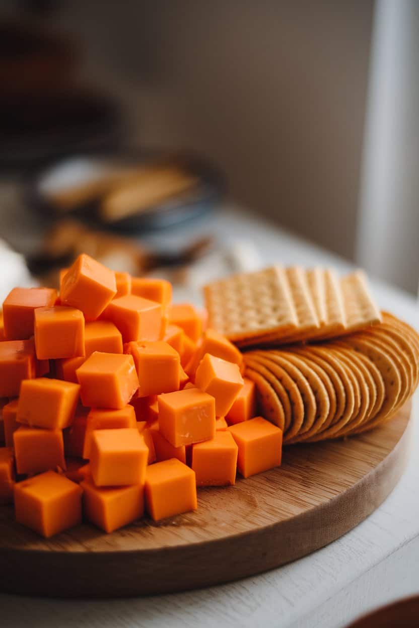 : An indoor tabletop scene with a small wooden board piled with bright orange cheddar cubes beside a neat fan of plain saltine crackers, softly lit from the side. No text or logos visible on any dishware.