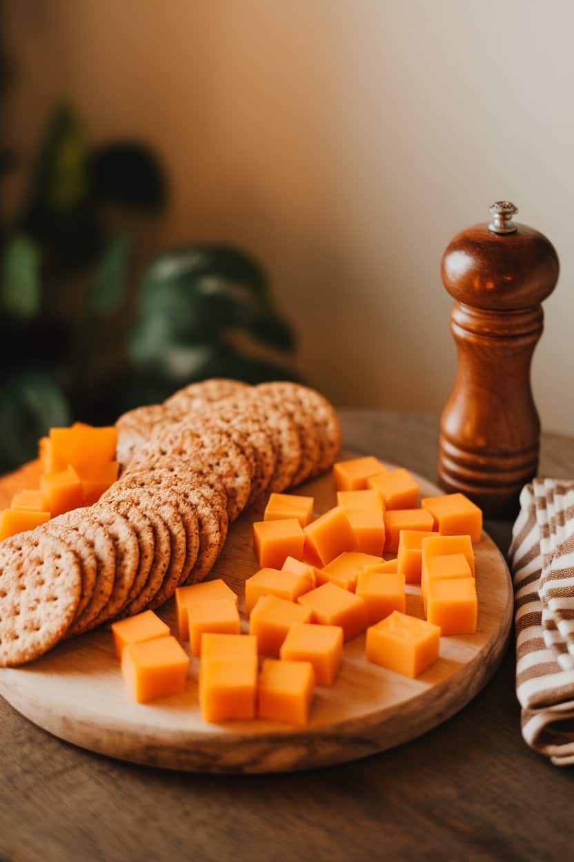 A small indoor cheese board featuring bite-sized cheddar cubes and whole-grain crackers, shot at table level for a casual feel. No text, logos, or branded packaging