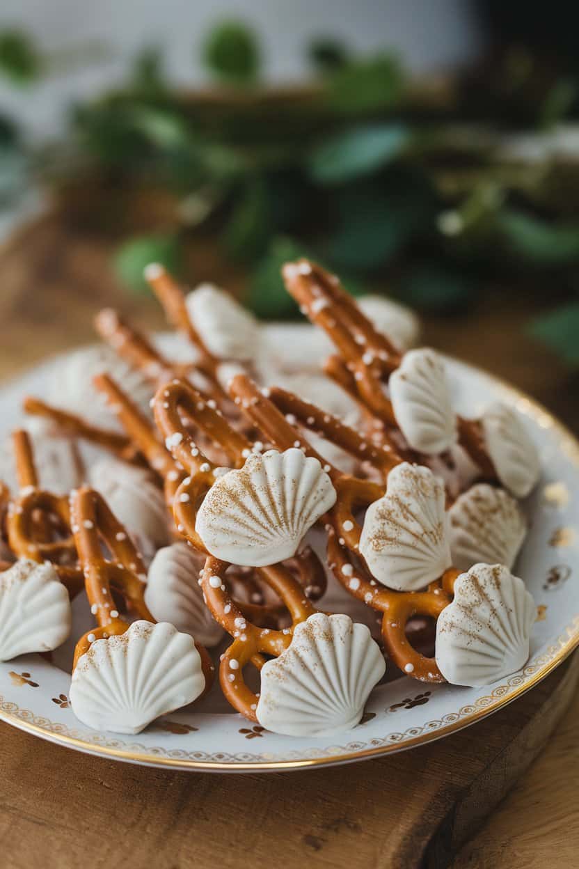  Indoor plate of pretzels half-dipped in white chocolate molded with seashell patterns, light dusting of edible gold powder. No logos or text; photo only.